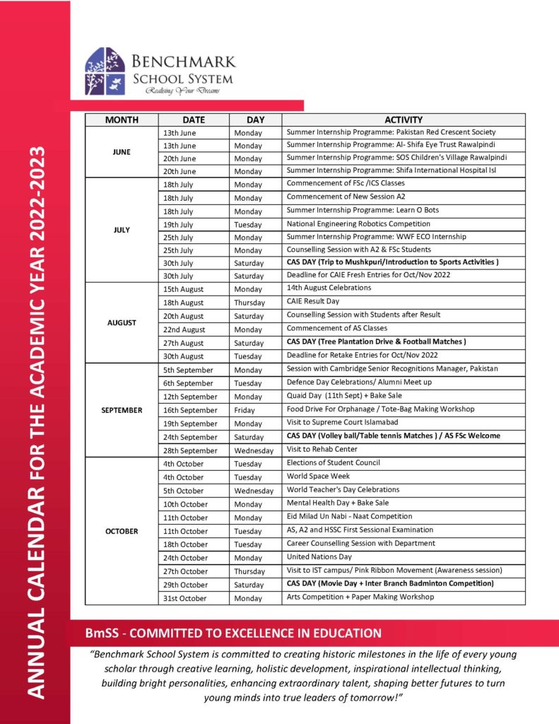 ACTIVITY CALENDAR – Benchmark School System